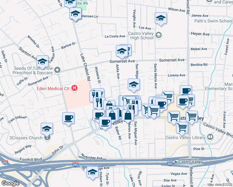 map of restaurants, bars, coffee shops, grocery stores, and more near 20257 Anita Avenue in Castro Valley