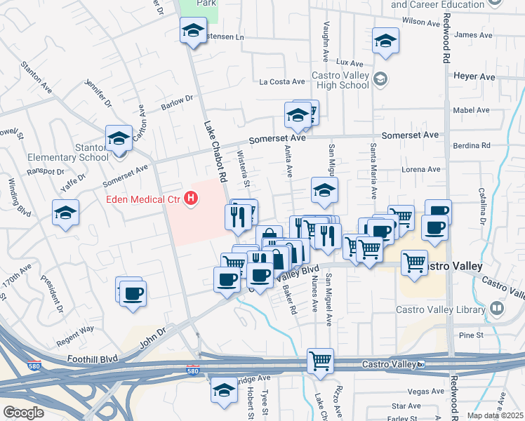map of restaurants, bars, coffee shops, grocery stores, and more near 2796 Ganic Street in Castro Valley