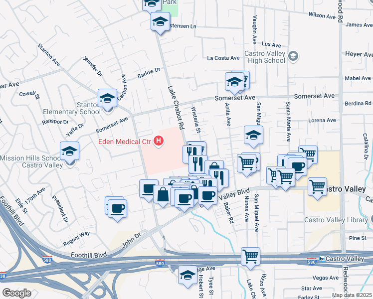 map of restaurants, bars, coffee shops, grocery stores, and more near 20055 Lake Chabot Road in Castro Valley