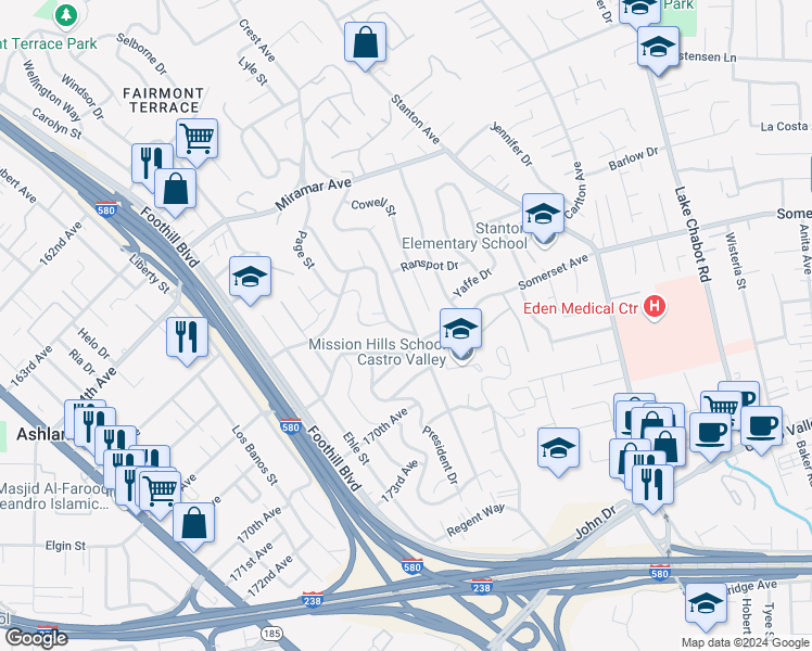 map of restaurants, bars, coffee shops, grocery stores, and more near 16735 Winding Boulevard in San Leandro