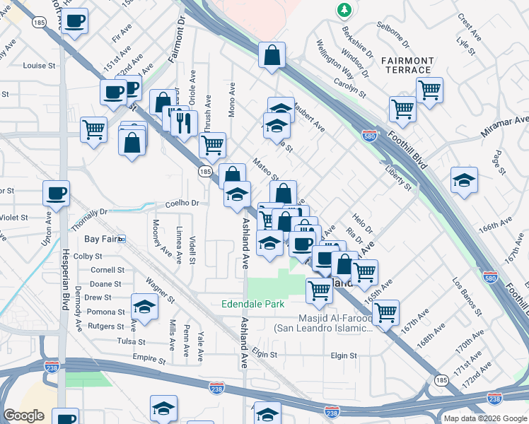 map of restaurants, bars, coffee shops, grocery stores, and more near 16104 East 14th Street in San Leandro