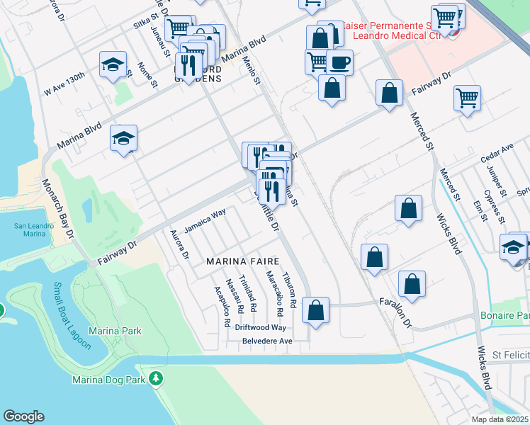 map of restaurants, bars, coffee shops, grocery stores, and more near 13949 Doolittle Drive in San Leandro