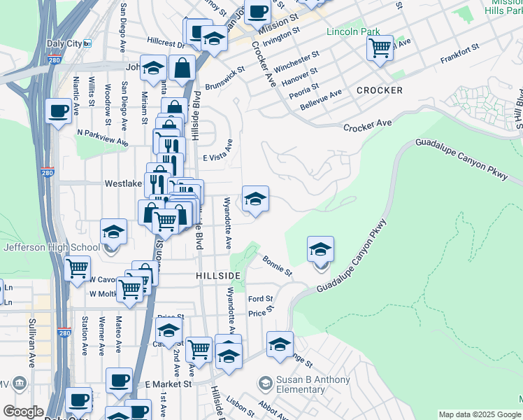 map of restaurants, bars, coffee shops, grocery stores, and more near 182 Melissa Circle in Daly City
