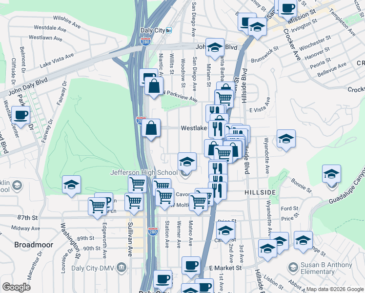 map of restaurants, bars, coffee shops, grocery stores, and more near 332 Citrus Avenue in Daly City