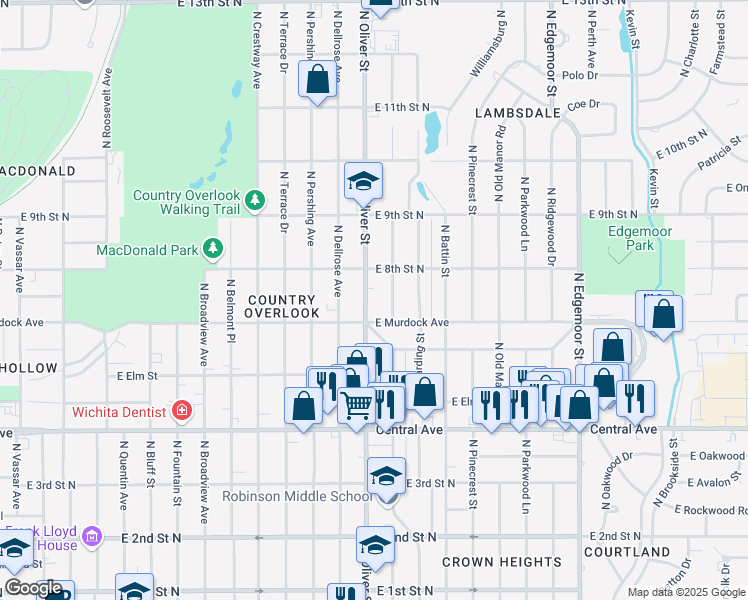 map of restaurants, bars, coffee shops, grocery stores, and more near 804 North Glendale Street in Wichita