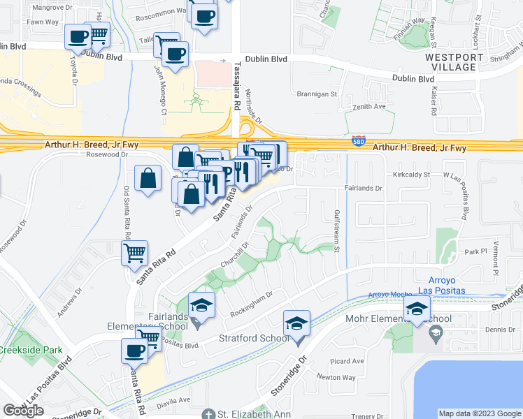 map of restaurants, bars, coffee shops, grocery stores, and more near 3971 Churchill Drive in Pleasanton