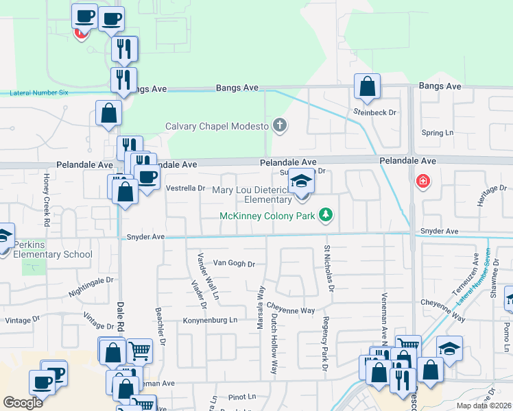map of restaurants, bars, coffee shops, grocery stores, and more near 4037 Corte Bella in Modesto