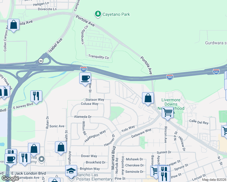 map of restaurants, bars, coffee shops, grocery stores, and more near 690 Saddleback Circle in Livermore