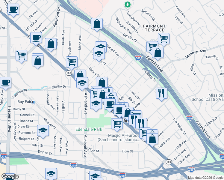 map of restaurants, bars, coffee shops, grocery stores, and more near 1492 162nd Avenue in San Leandro