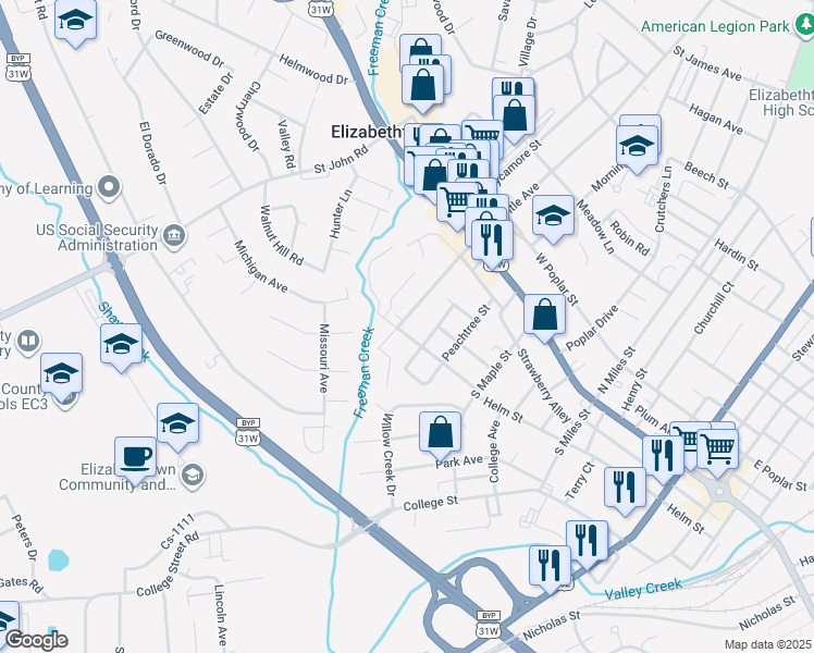 map of restaurants, bars, coffee shops, grocery stores, and more near 129 Cs-1120 in Elizabethtown
