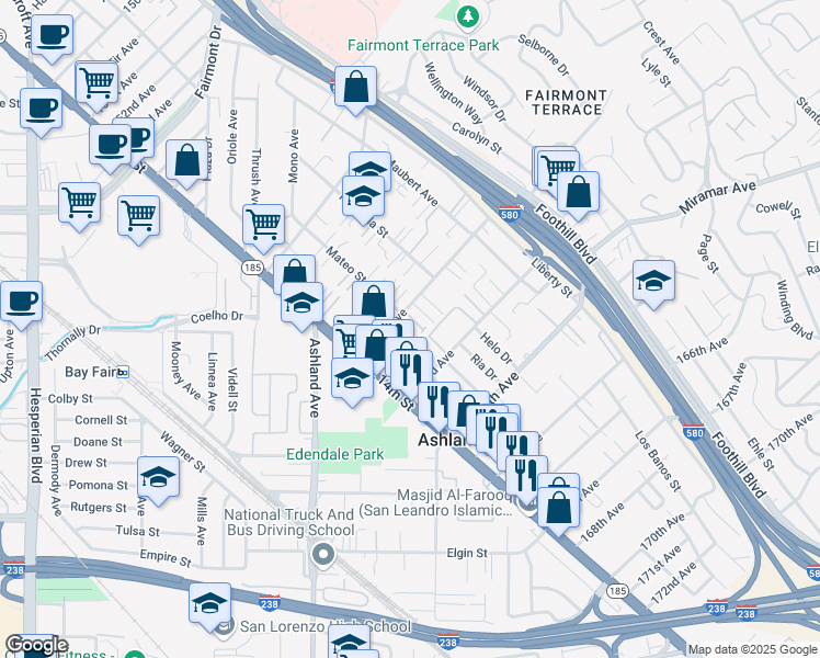 map of restaurants, bars, coffee shops, grocery stores, and more near 1492 162nd Avenue in San Leandro