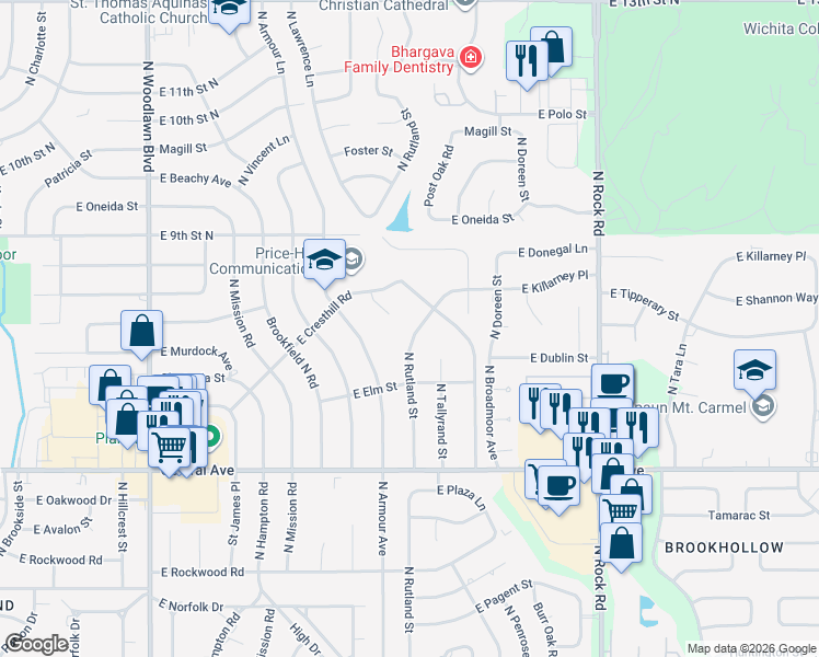 map of restaurants, bars, coffee shops, grocery stores, and more near 625 N Rutland St in Wichita