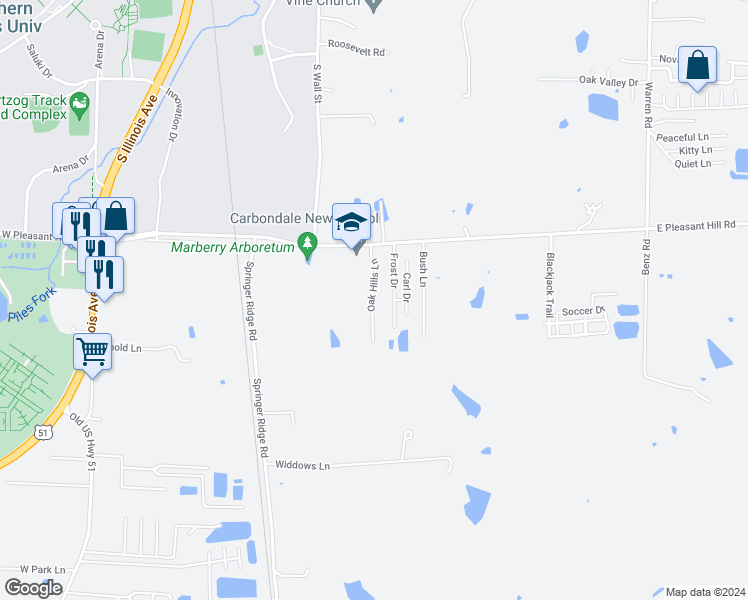 map of restaurants, bars, coffee shops, grocery stores, and more near 28 Oak Hills Lane in Carbondale