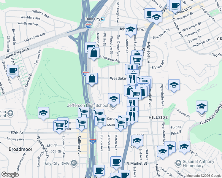 map of restaurants, bars, coffee shops, grocery stores, and more near 332 Citrus Avenue in Daly City