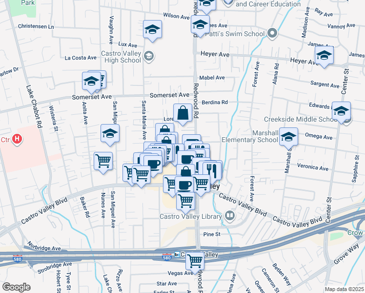 map of restaurants, bars, coffee shops, grocery stores, and more near 3612 Jamison Way in Castro Valley