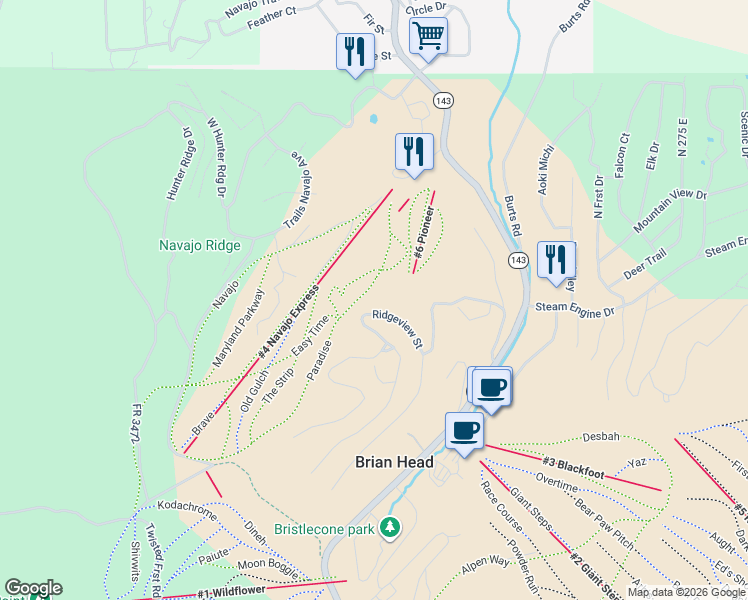 map of restaurants, bars, coffee shops, grocery stores, and more near 292 Ridgeview Street in Brian Head