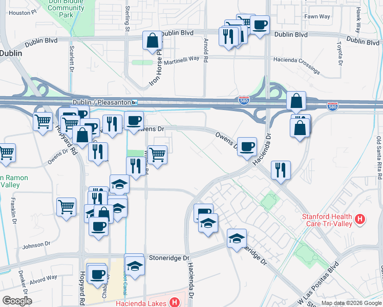 map of restaurants, bars, coffee shops, grocery stores, and more near 4480 Hacienda Drive in Pleasanton