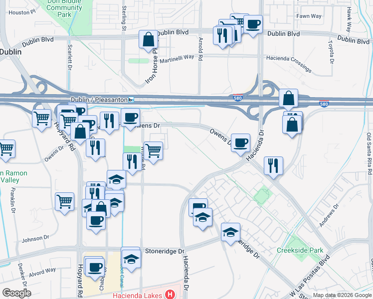 map of restaurants, bars, coffee shops, grocery stores, and more near 4480 Hacienda Drive in Pleasanton