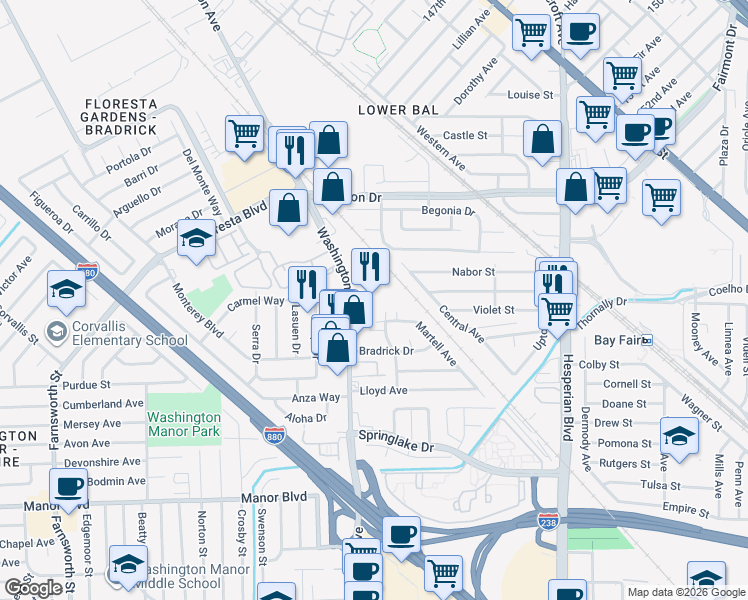 map of restaurants, bars, coffee shops, grocery stores, and more near 14744 Washington Avenue in San Leandro