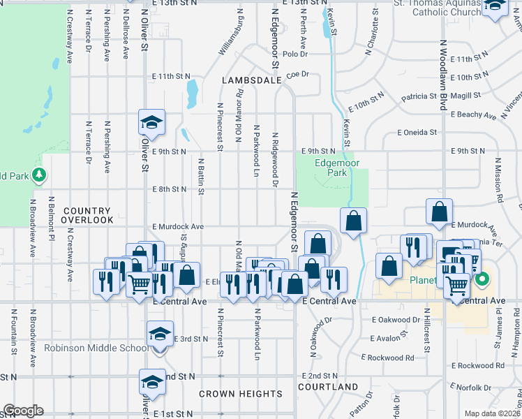 map of restaurants, bars, coffee shops, grocery stores, and more near 820 North Parkwood Lane in Wichita