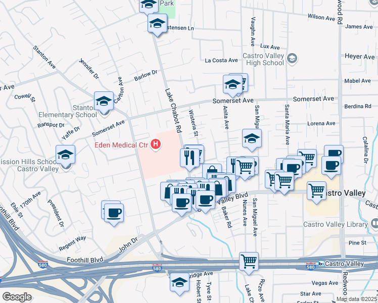 map of restaurants, bars, coffee shops, grocery stores, and more near 20072 Lake Chabot Road in Castro Valley