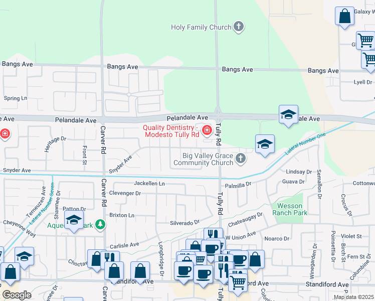 map of restaurants, bars, coffee shops, grocery stores, and more near 4013 Rancho Mesa Court in Modesto