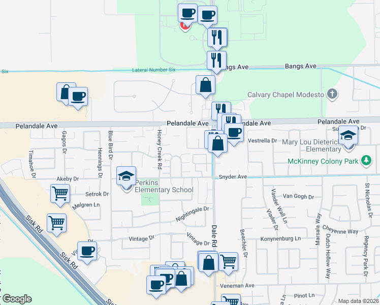 map of restaurants, bars, coffee shops, grocery stores, and more near 4053 Dale Road in Modesto