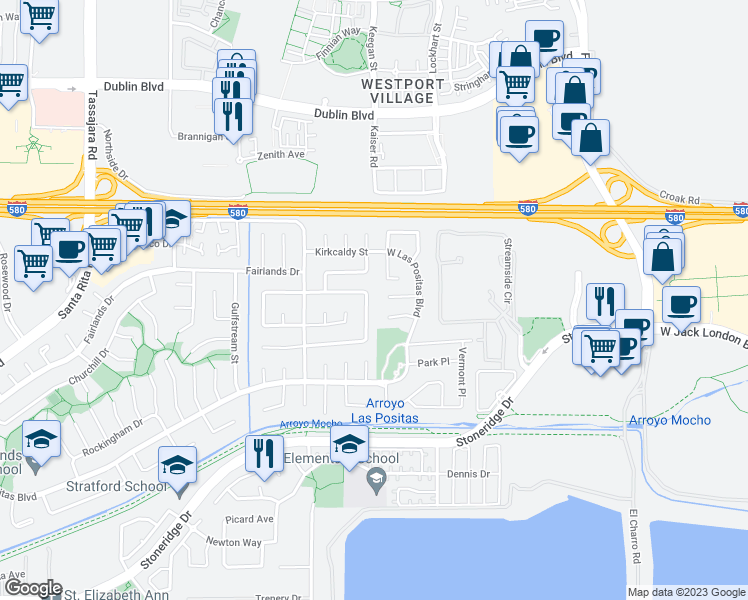 map of restaurants, bars, coffee shops, grocery stores, and more near 3561 Ballantyne Drive in Pleasanton