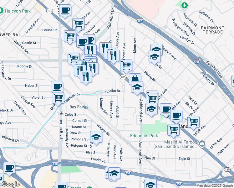 map of restaurants, bars, coffee shops, grocery stores, and more near 15859 Connolly Avenue in San Lorenzo