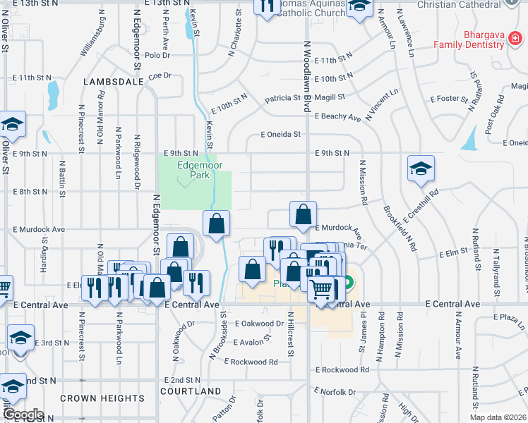 map of restaurants, bars, coffee shops, grocery stores, and more near 6227 East Marjorie Street in Wichita