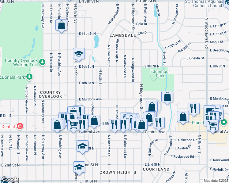 map of restaurants, bars, coffee shops, grocery stores, and more near in Wichita