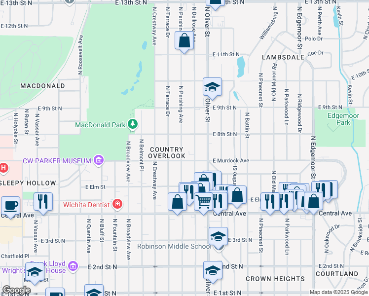 map of restaurants, bars, coffee shops, grocery stores, and more near 810 North Pershing Street in Wichita