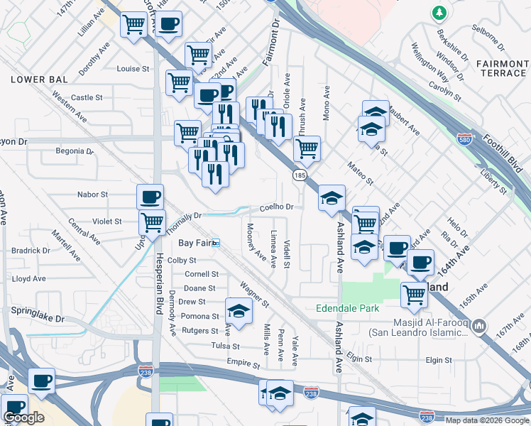 map of restaurants, bars, coffee shops, grocery stores, and more near 15794 Connolly Avenue in San Lorenzo