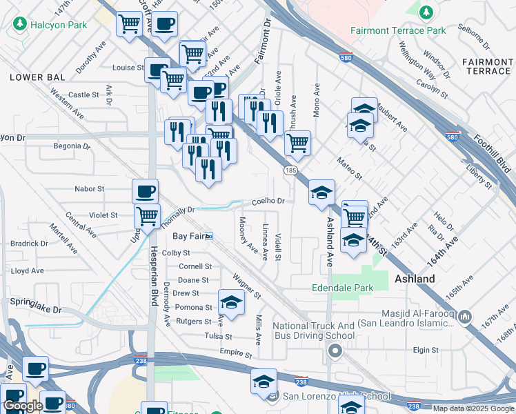 map of restaurants, bars, coffee shops, grocery stores, and more near 15794 Connolly Avenue in San Lorenzo