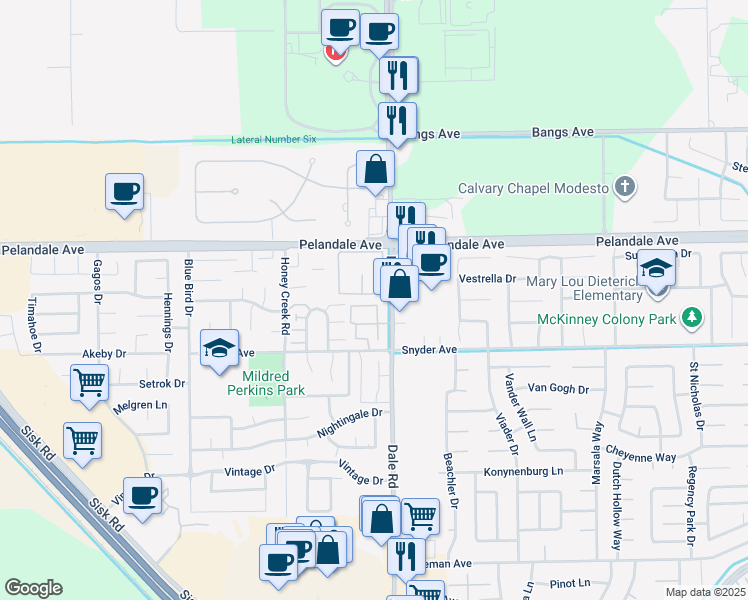 map of restaurants, bars, coffee shops, grocery stores, and more near 4077 Dale Road in Modesto