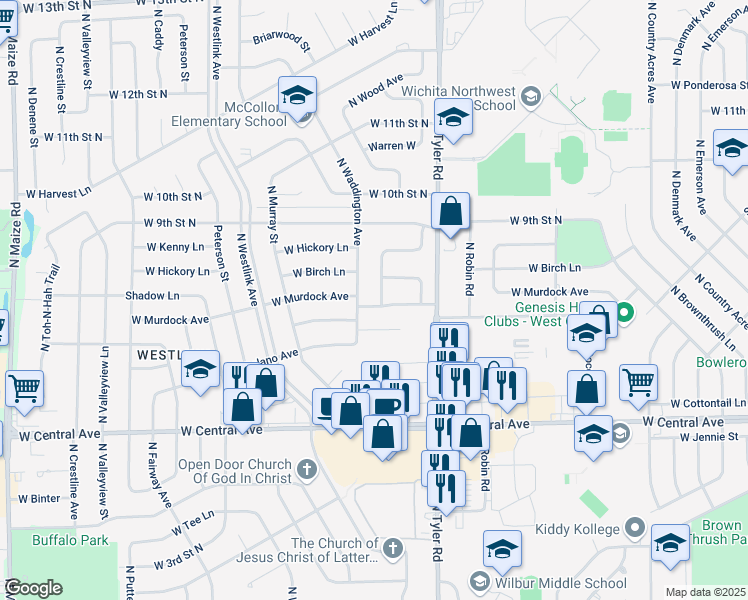 map of restaurants, bars, coffee shops, grocery stores, and more near 803 North Wood Avenue in Wichita