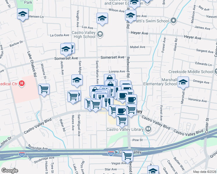 map of restaurants, bars, coffee shops, grocery stores, and more near 3525 Teeling Court in Castro Valley