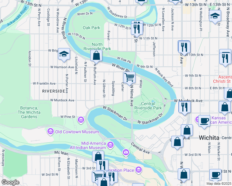 map of restaurants, bars, coffee shops, grocery stores, and more near 811 North Spaulding Avenue in Wichita