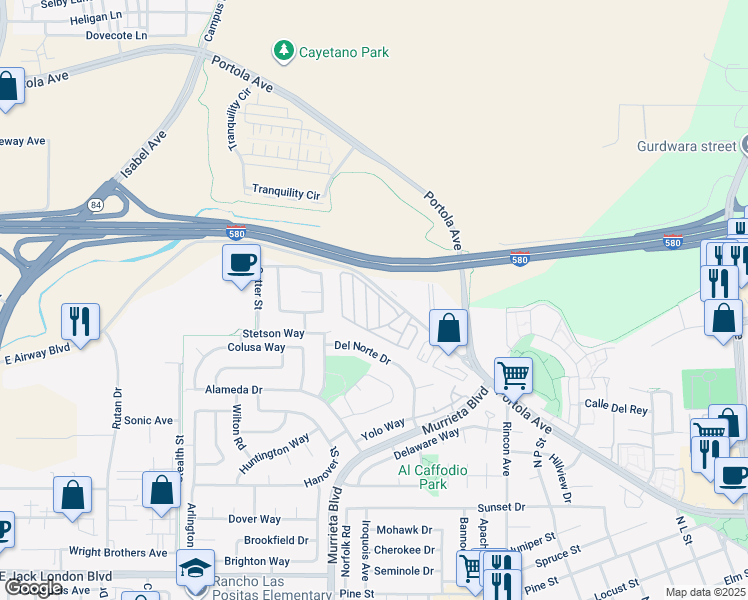 map of restaurants, bars, coffee shops, grocery stores, and more near 1186 Vía Cristobal in Livermore