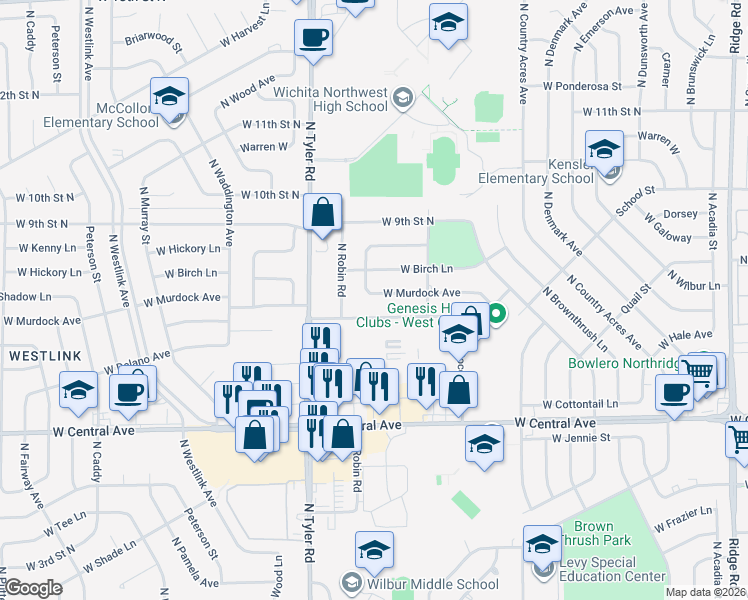 map of restaurants, bars, coffee shops, grocery stores, and more near 8521 West Murdock Street in Wichita