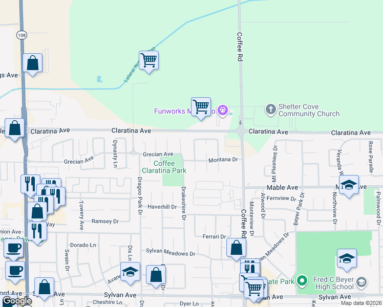 map of restaurants, bars, coffee shops, grocery stores, and more near 4209 Antiquity Way in Modesto