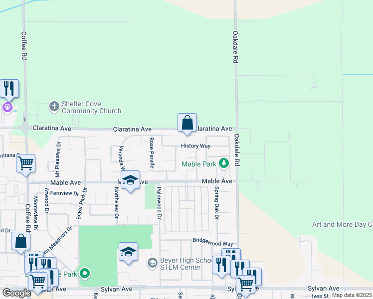 map of restaurants, bars, coffee shops, grocery stores, and more near 4104 Founders Way in Modesto