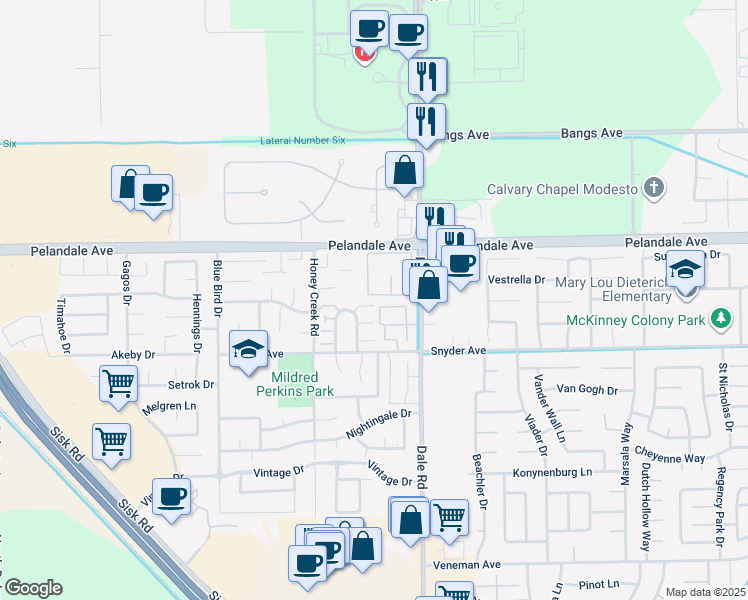 map of restaurants, bars, coffee shops, grocery stores, and more near 4053 Dale Road in Modesto