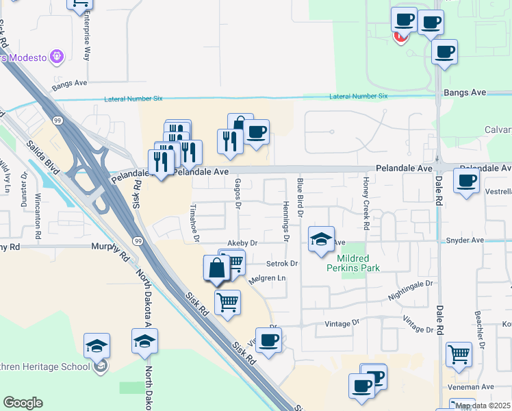 map of restaurants, bars, coffee shops, grocery stores, and more near 3513 Blackhawk Court in Modesto