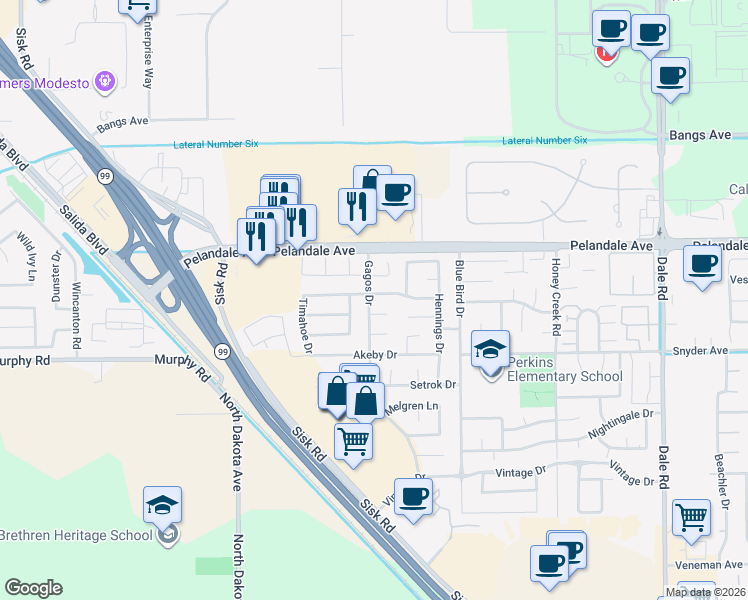 map of restaurants, bars, coffee shops, grocery stores, and more near 3513 Blackhawk Court in Modesto