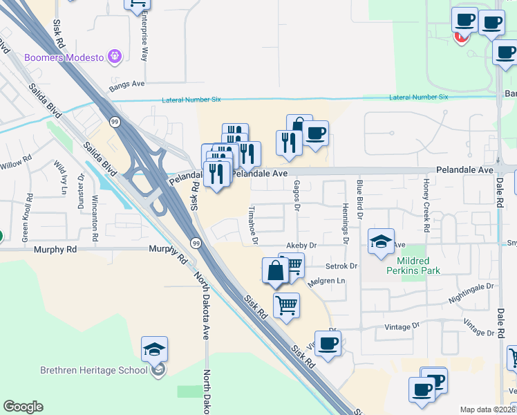 map of restaurants, bars, coffee shops, grocery stores, and more near 3717 Corrine Lane in Modesto