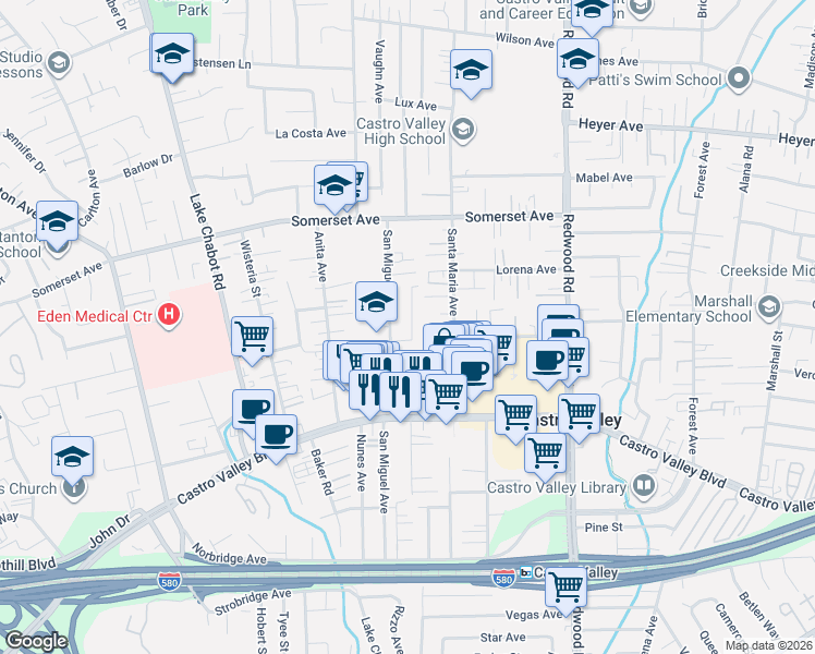 map of restaurants, bars, coffee shops, grocery stores, and more near 3324 Jeanine Way in Castro Valley