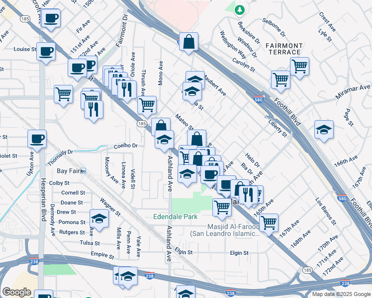 map of restaurants, bars, coffee shops, grocery stores, and more near 16104 East 14th Street in San Leandro