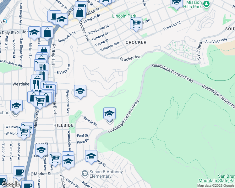 map of restaurants, bars, coffee shops, grocery stores, and more near 755 Mountain View Drive in Daly City