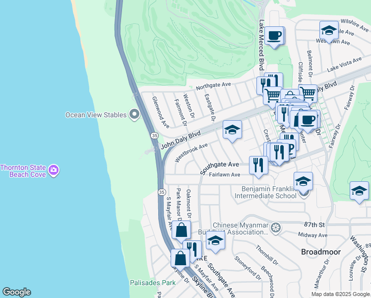 map of restaurants, bars, coffee shops, grocery stores, and more near 236 Westbrook Avenue in Daly City